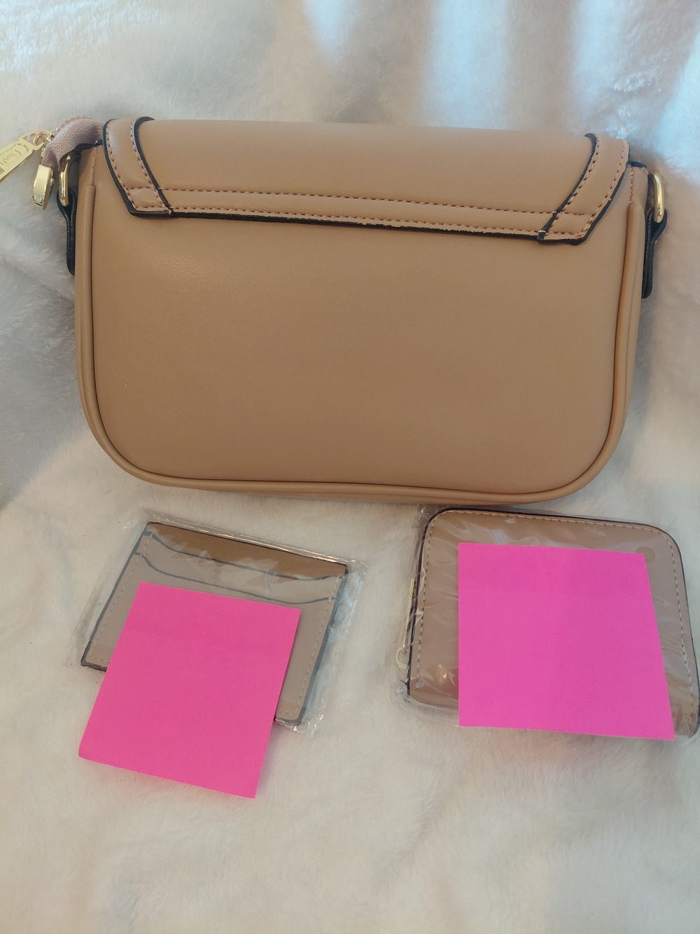 Beige Saddle Crossbody Bag with Matching Card Holder and Coin Pouch
